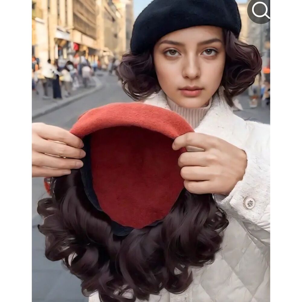 New Boack beret Hat with Attached Curly Hair Wig